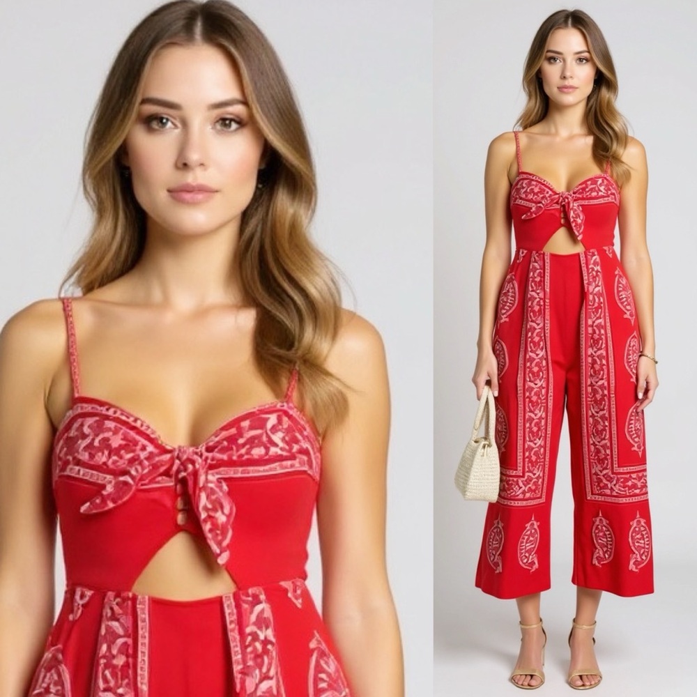 Free People Feel The Sun Red Bandana Print Linen Sleeveless Wide Leg Jumpsuit